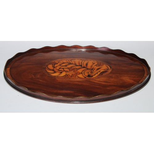 1779 - A George III mahogany and marquetry gallery tray, the crossbanded field inlaid with a large shell pa... 