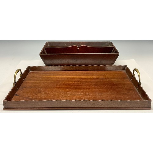 1625 - A 19th century oak two-section cutlery box, 36cm long, c.1850;  a mahogany gallery tray, wavy sides,... 