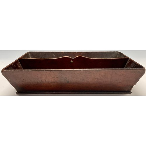 1625 - A 19th century oak two-section cutlery box, 36cm long, c.1850;  a mahogany gallery tray, wavy sides,... 