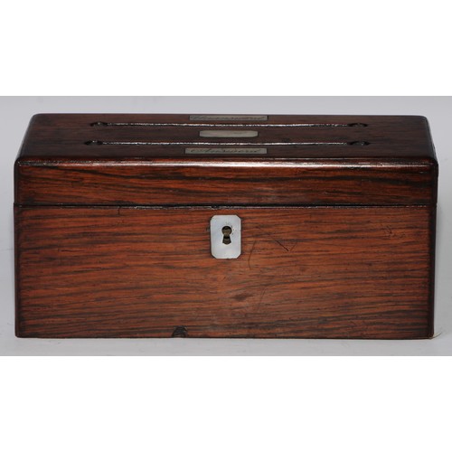 1627 - A 19th century rosewood correspondence or letter box, hinged cover with two apertures, each titled o... 