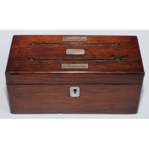 1627 - A 19th century rosewood correspondence or letter box, hinged cover with two apertures, each titled o... 