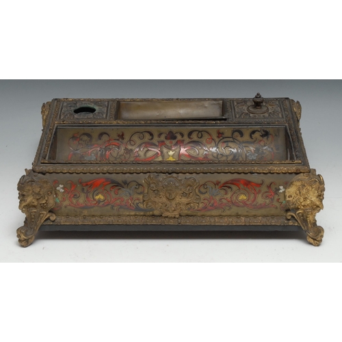 1395 - A 19th century French ormolu and Boulle standish,  covered wells and dished trays within bowed recta... 