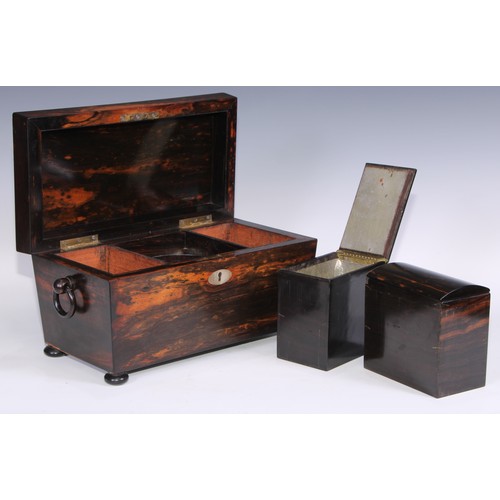 1386 - A 19th century calamander or coromandel sarcophagus tea caddy, hinged cover enclosing a pair of cove... 