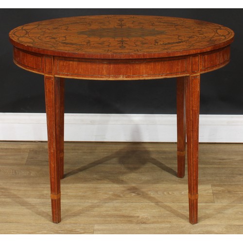 1830 - A Sheraton Revival satinwood and marquetry low centre table, oval top inlaid with flowering leafy st... 