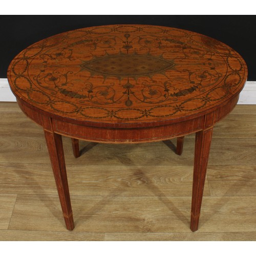 1830 - A Sheraton Revival satinwood and marquetry low centre table, oval top inlaid with flowering leafy st... 