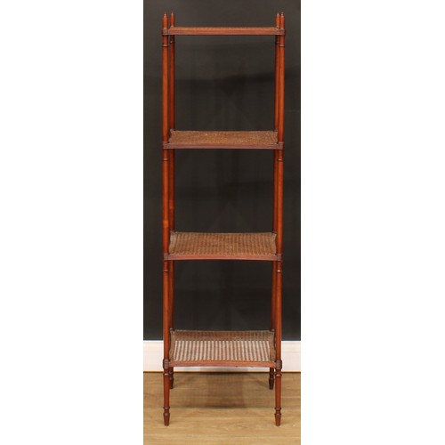 1772 - A Regency Revival mahogany four-tier whatnot, possibly Colonial, incurve rectangular tiers with reed... 