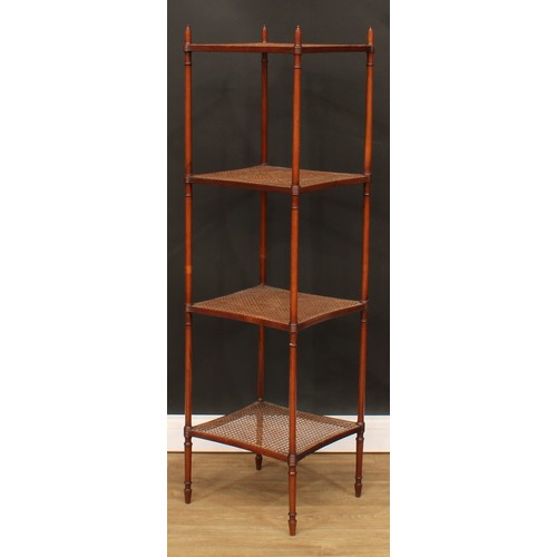 1772 - A Regency Revival mahogany four-tier whatnot, possibly Colonial, incurve rectangular tiers with reed... 