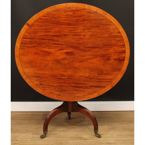 1768 - A Regency mahogany tripod centre table, crossbanded oval tilting top, cannon barrel column, stop-flu... 