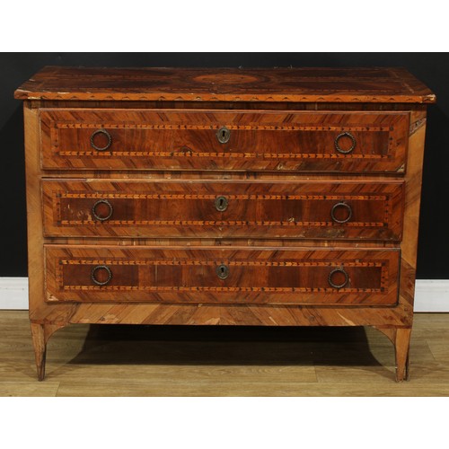 1651 - A late 18th century North Italian walnut and marquetry commode, rectangular top above three long dra... 