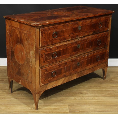 1651 - A late 18th century North Italian walnut and marquetry commode, rectangular top above three long dra... 