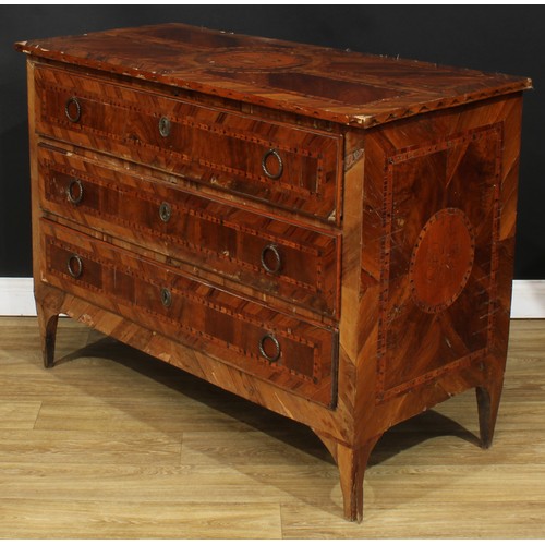 1651 - A late 18th century North Italian walnut and marquetry commode, rectangular top above three long dra... 