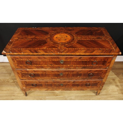 1651 - A late 18th century North Italian walnut and marquetry commode, rectangular top above three long dra... 