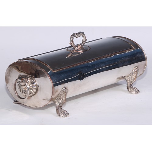 70 - A Regency Old Sheffield Plate oval treasury inkstand, hinged cover with leafy-loop handle enclosing ... 