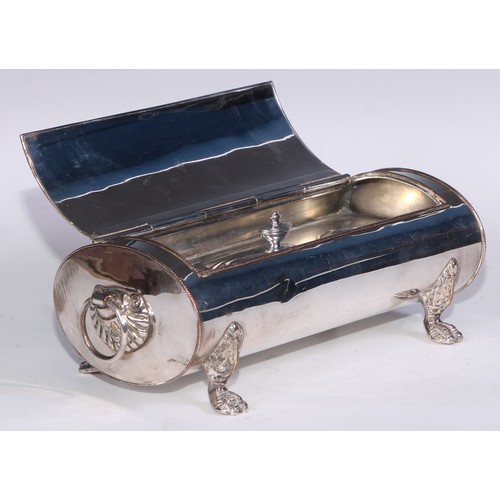 70 - A Regency Old Sheffield Plate oval treasury inkstand, hinged cover with leafy-loop handle enclosing ... 