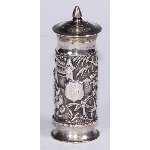 90 - A Chinese silver cylindrical pepper, chased with figures amongst pagodas and blossoming prunus, 8cm ... 