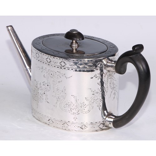 147 - A George III silver oval drum teapot, bright-cut engraved with swags of flowers, lozenges, paterae a... 