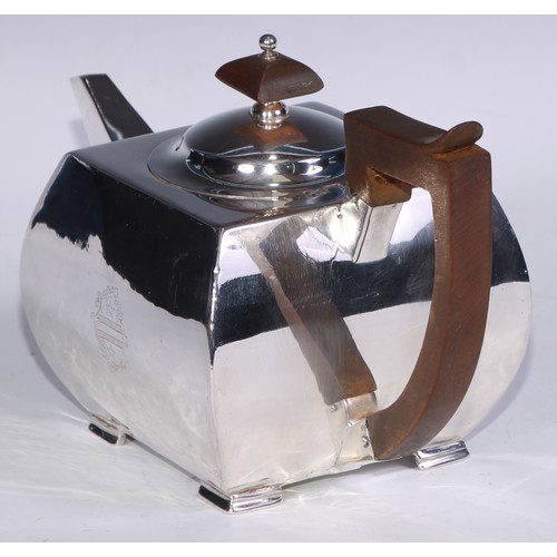 134 - A George III silver bowed square teapot, hinged domed cover, bracket feet, fruitwood fittings, 25cm ... 