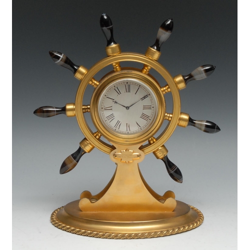 A Victorian gilt brass and turned banded agate novelty timepiece, as a
