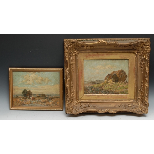 1232 - Scottish School (19th century)
Haystacks
signed Alt K, oil on board, 19cm x 24.5cm; another, Cattle ... 