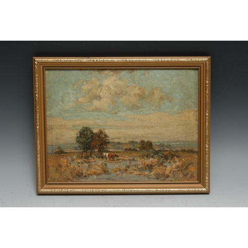 1232 - Scottish School (19th century)
Haystacks
signed Alt K, oil on board, 19cm x 24.5cm; another, Cattle ... 