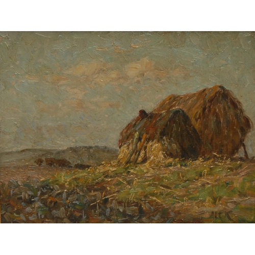 1232 - Scottish School (19th century)
Haystacks
signed Alt K, oil on board, 19cm x 24.5cm; another, Cattle ... 