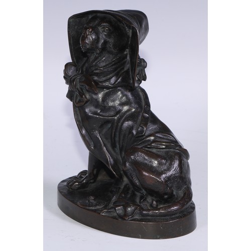 1385 - A 19th century brown patinated bronze novelty inkwell, amusingly cast as a dog wearing a bonnet and ... 