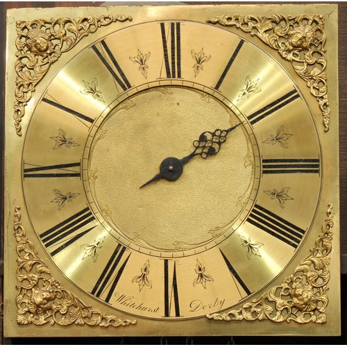 2128 - An 18th century Derbyshire oak longcase clock, 28cm square brass dial inscribed Whitehurst, Derby, R... 