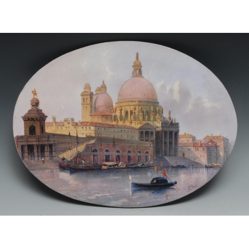 488 - A Mintons oval plaque, painted by K Dean, signed, with Santa Maria Della Salute, Venice, 28cm wide, ... 