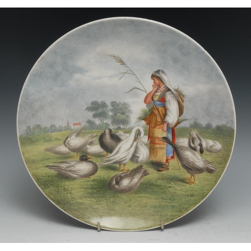 482 - A Minton Aesthetic Movement circular plaque, A Goose Herd in Hungary, K E Richardson, after a drawin... 