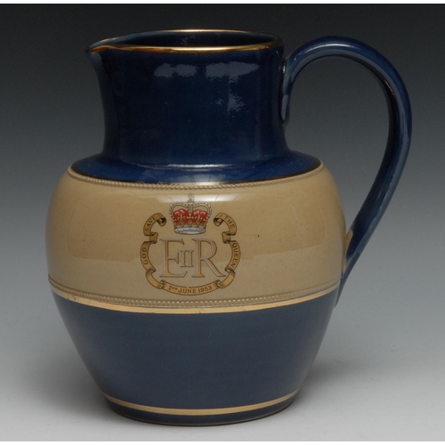 514 - A Denby Stoneware Commemorative ale jug, for the Coronation of Queen Elizabeth II June 1953, banded ... 