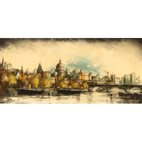 1230 - Ron Folland (1932-1999)
Thames St. Paul
signed, oil on canvas, 49.5cm x 105cm