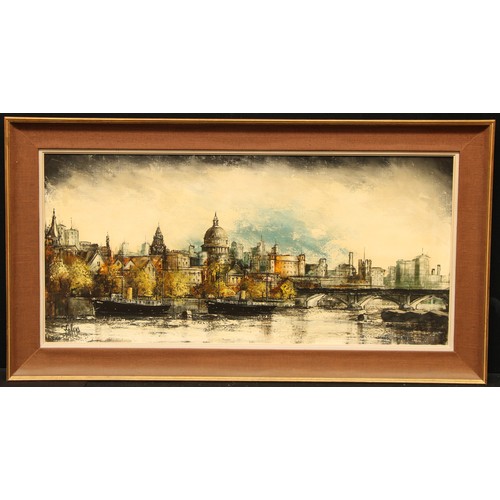 1230 - Ron Folland (1932-1999)
Thames St. Paul
signed, oil on canvas, 49.5cm x 105cm