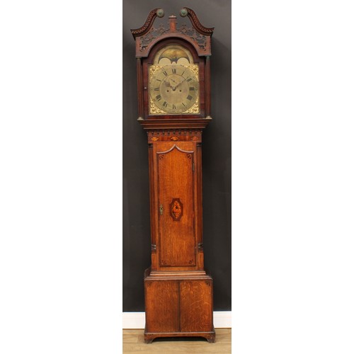 2116 - A 19th century oak, mahogany and marquetry longcase clock, 33.5cm arched brass dial inscribed Thos F... 