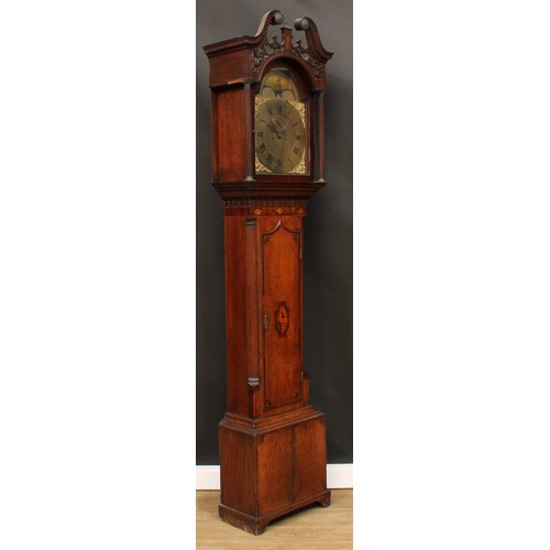 2116 - A 19th century oak, mahogany and marquetry longcase clock, 33.5cm arched brass dial inscribed Thos F... 