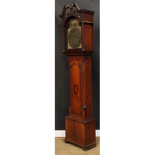 2116 - A 19th century oak, mahogany and marquetry longcase clock, 33.5cm arched brass dial inscribed Thos F... 