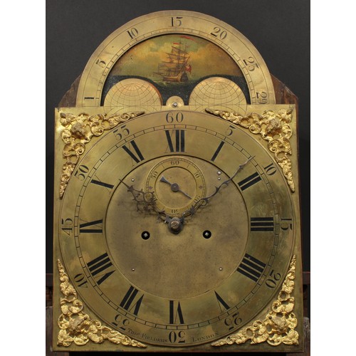 2116 - A 19th century oak, mahogany and marquetry longcase clock, 33.5cm arched brass dial inscribed Thos F... 