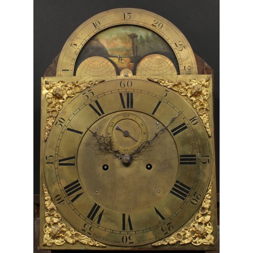 2116 - A 19th century oak, mahogany and marquetry longcase clock, 33.5cm arched brass dial inscribed Thos F... 