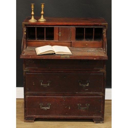 1408 - A 19th century brass mounted oak secretaire campaign chest, of four long drawers, the upper fitted w... 