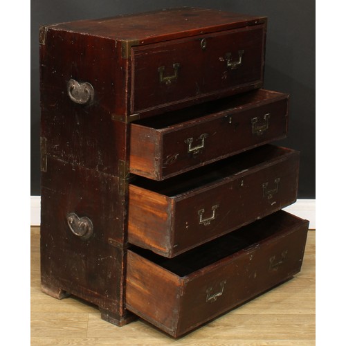 1408 - A 19th century brass mounted oak secretaire campaign chest, of four long drawers, the upper fitted w... 