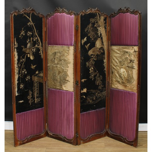 1653 - A late 19th century Anglo-Japanese four-fold screen, set with nihon shishu panels depicting birds am... 