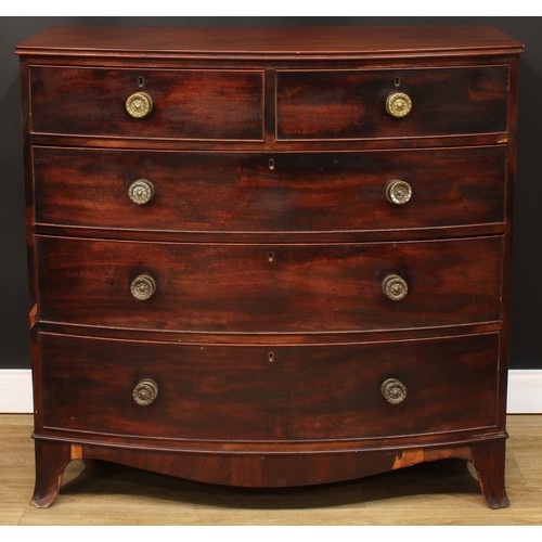 1760 - A Regency mahogany bow front chest, slightly oversailing top with channelled edge above two short an... 