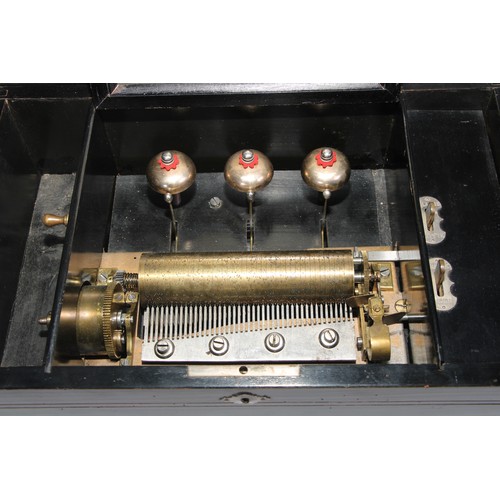 1631 - A 19th century Swiss rosewood bells in sight music box, 15.5cm cylinder playing eight airs on a one-... 