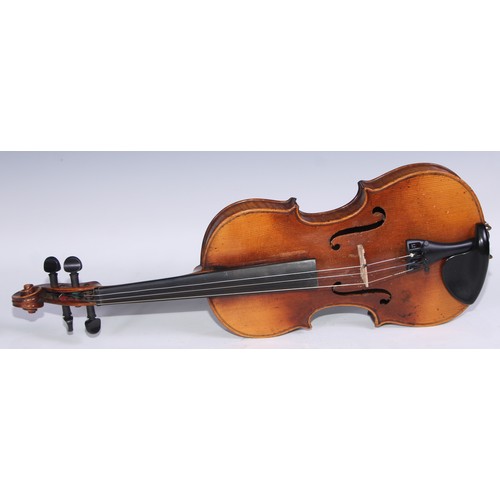 1372 - A violin, the two-piece back 35.5cm long excluding button, rosewood tuning pegs, outlined with purfl... 