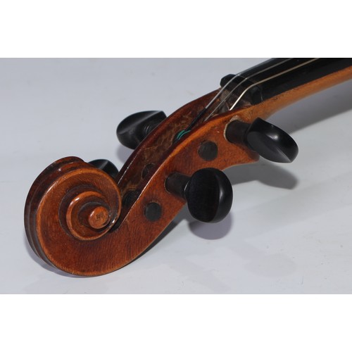 1372 - A violin, the two-piece back 35.5cm long excluding button, rosewood tuning pegs, outlined with purfl... 