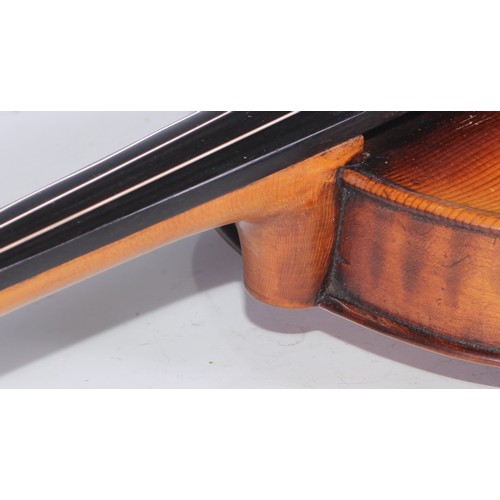 1372 - A violin, the two-piece back 35.5cm long excluding button, rosewood tuning pegs, outlined with purfl... 