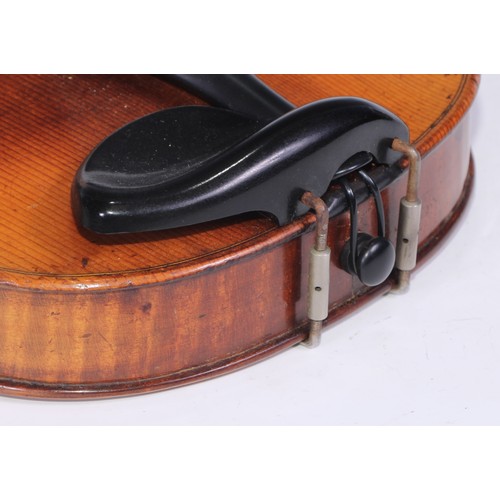 1372 - A violin, the two-piece back 35.5cm long excluding button, rosewood tuning pegs, outlined with purfl... 