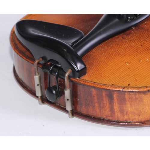 1372 - A violin, the two-piece back 35.5cm long excluding button, rosewood tuning pegs, outlined with purfl... 