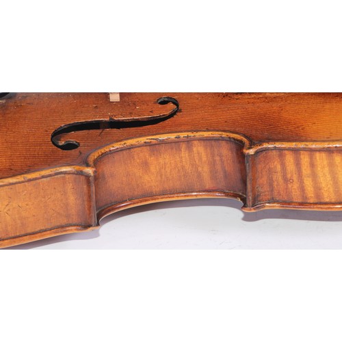 1372 - A violin, the two-piece back 35.5cm long excluding button, rosewood tuning pegs, outlined with purfl... 