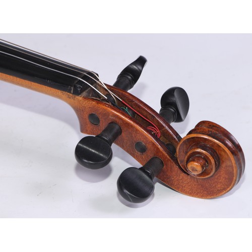 1372 - A violin, the two-piece back 35.5cm long excluding button, rosewood tuning pegs, outlined with purfl... 