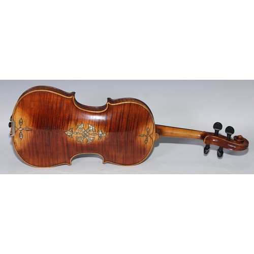 1372 - A violin, the two-piece back 35.5cm long excluding button, rosewood tuning pegs, outlined with purfl... 